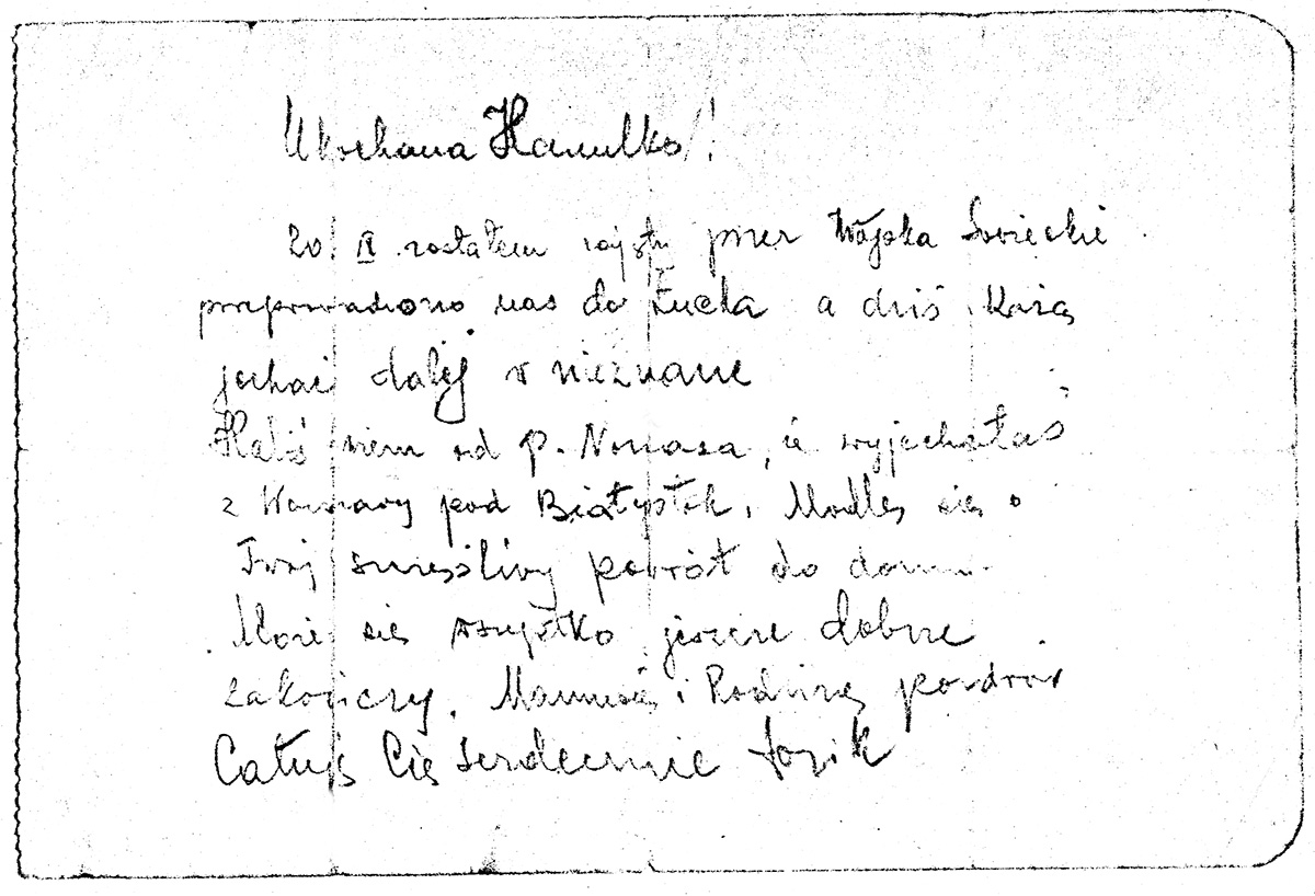 List Józefa Bilewskiego do żony Haliny z drogi „w nieznane”, po 20 września 1939 r. Źródło: archiwum rodzinne Artura Bilewskiego