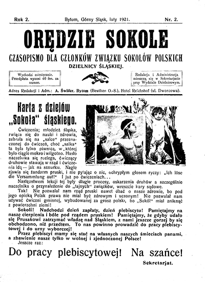Okładka czasopisma Związku Sokołów Polskich Dzielnicy Śląskiej wydanego w lutym 1921 r. Źródło: Śląska Biblioteka Cyfrowa