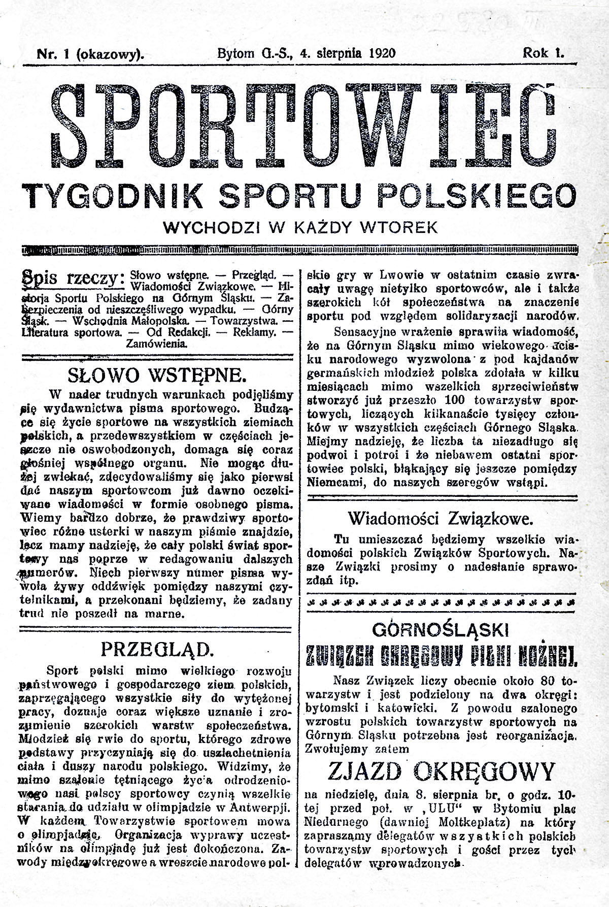 Okładka pierwszego, pokazowego numeru tygodnika „Sportowiec”. Źródło: Śląska Biblioteka Cyfrowa