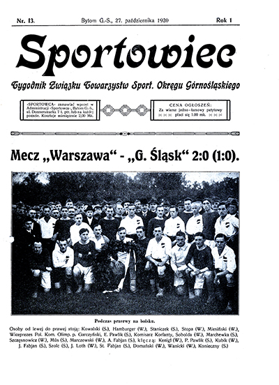 Okładka tygodnika „Sportowiec” (z 27 października 1920 r.). Źródło: Śląska Biblioteka Cyfrowa