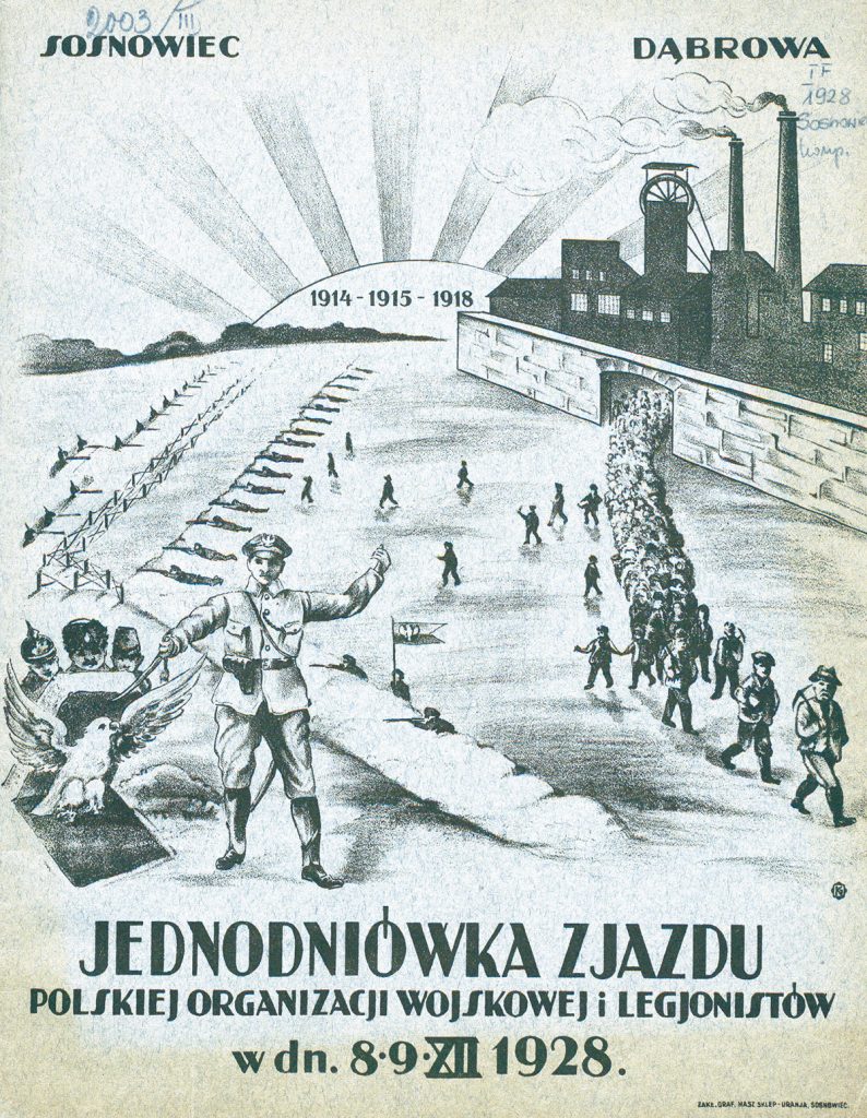 Ilustracja w jednodniówce zjazdu Polskiej Organizacji Wojskowej i legionistów z Zagłębia Dąbrowskiego, Dąbrowa–Sosnowiec, 8–9 grudnia 1928 r. Źródło: Biblioteka Narodowa
