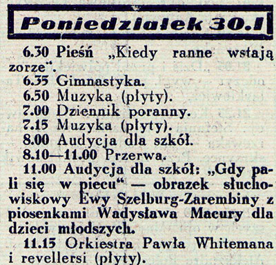 Fragment ogólnopolskiego programu Polskiego Radia opublikowany w dwutygodniku „Radio dla Wszystkich”, nr 5/1939. Źródło: Biblioteka Narodowa