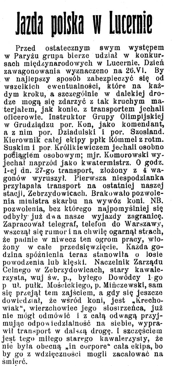 Fragment artykułu poświęconego polskim jeźdźcom biorącym udział w konkursie w Lucernie, zamieszczonego w tygodniku „Stadjon”, nr 30/1924. Źródło: Biblioteka Narodowa