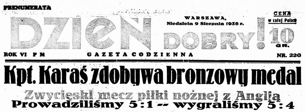 Informacja o olimpijskim sukcesie Władysława Karasia na pierwszej stronie jednego z warszawskich dzienników („Dzień Dobry!”, nr 220/1936). Ze zbiorów Biblioteki Narodowej