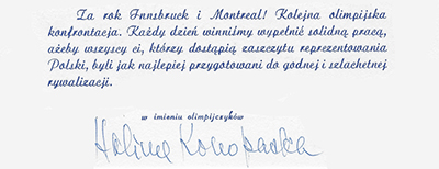 Rewers kartki pocztowej wydanej przed igrzyskami olimpijskimi w Innsbrucku i Montrealu z podpisem Haliny Konopackiej (fragment) Ze zbiorów prywatnych Jacka Kosmali