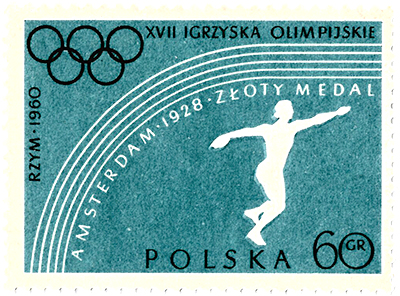 Znaczek pocztowy wydany z okazji igrzysk olimpijskich w Rzymie (1960 r.), upamiętniający zdobycie złotego medalu przez Halinę Konopacką w Amsterdamie Ze zbiorów prywatnych Jacka Kosmali