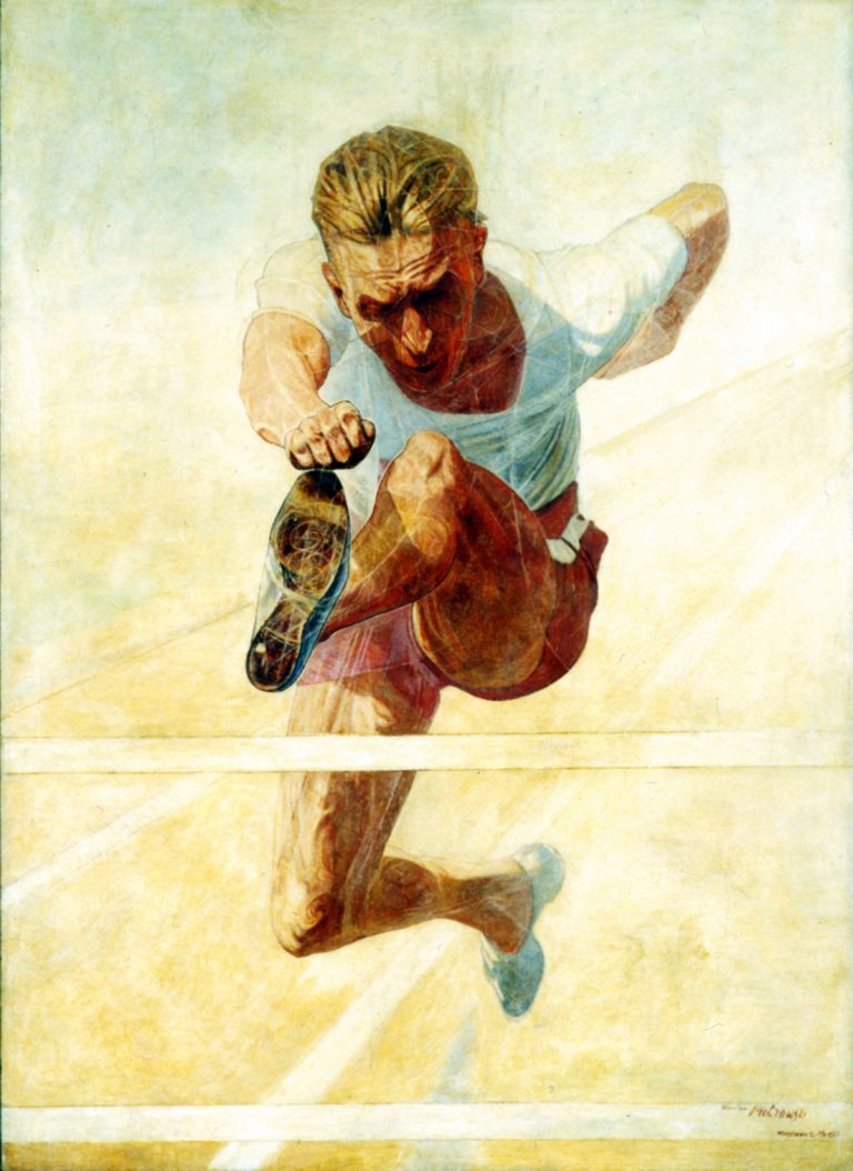 Obraz Wacława Piotrowskiego Na płotku, 1928 r. Olej na płótnie. Źródło: Muzeum Sportu i Turystyki w Warszawie