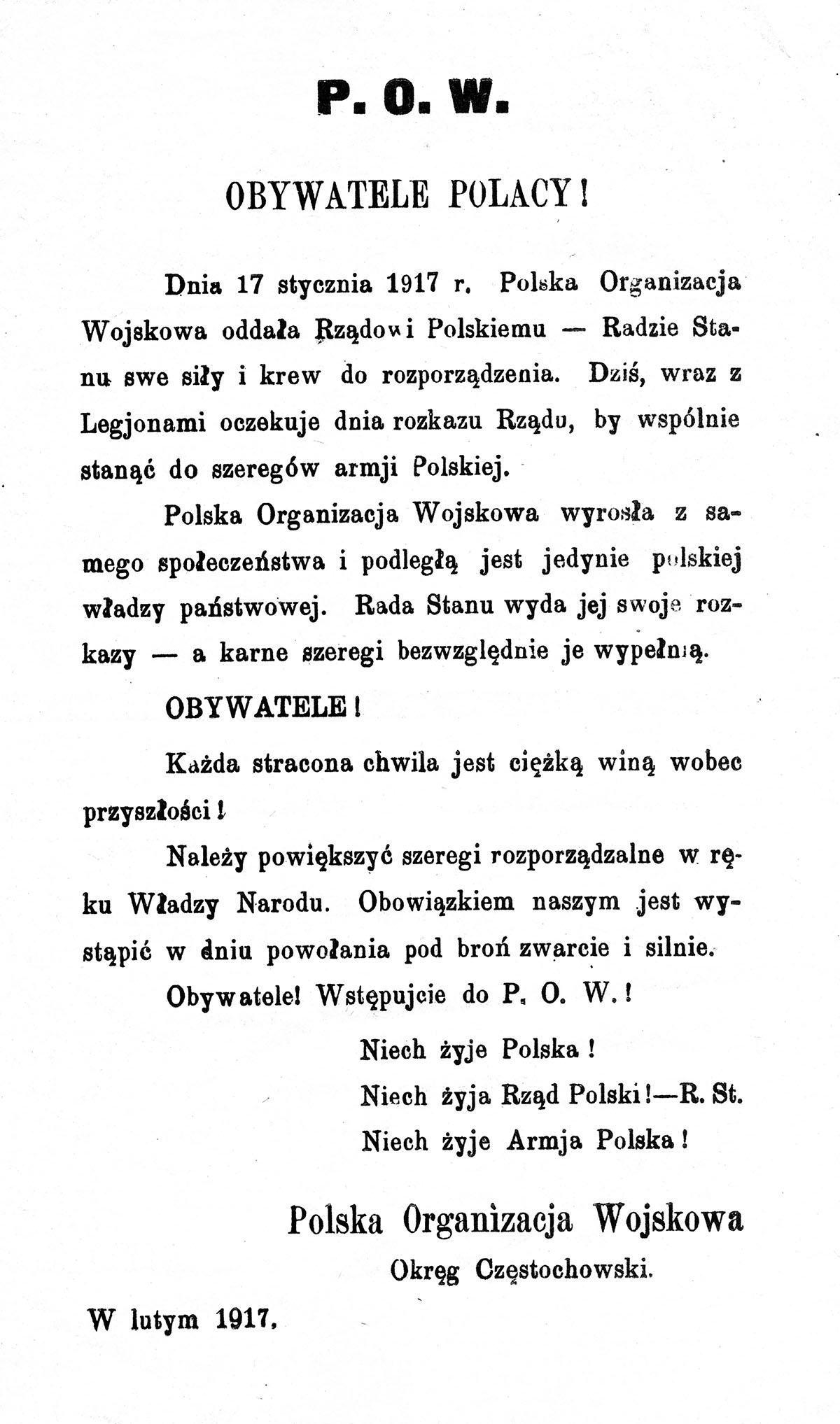 Odezwa częstochowskiej POW, 1917 r. Źródło: Śląska Biblioteka Cyfrowa