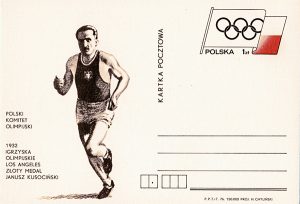 Karta pocztowa z podobizną Janusza Kusocińskiego upamiętniająca zdobycie złotego medalu podczas igrzysk olimpijskich w 1932 r. Ze zbiorów prywatnych Jacka Kosmali