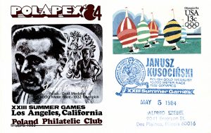 Karta pocztowa wydana z okazji igrzysk olimpijskich w Los Angeles w 1984 r., upamiętniająca złoty medal Janusza Kusocińskiego zdobyty w Los Angeles w 1932 r. Ze zbiorów prywatnych Jacka Kosmali