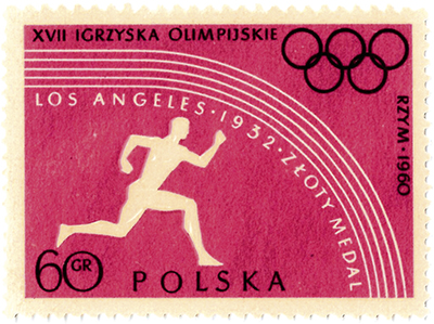 Znaczek pocztowy z okazji igrzysk olimpijskich w Rzymie (1960 r.) upamiętniający złoty medal zdobyty przez Janusza Kusocińskiego w Los Angeles Ze zbiorów prywatnych Jacka Kosmali