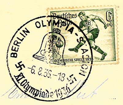 Znaczek i datownik z kartki wysłanej z igrzysk olimpijskich w 1936 r. Ze zbiorów Jacka Kosmali