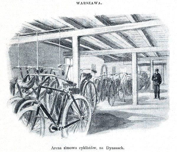 Arena zimowa cyklistów na Dynasach. Rysunek opublikowany w piśmie „Biesiada Literacka”, nr 50/1895. Źródło: Mazowiecka Biblioteka Cyfrowa