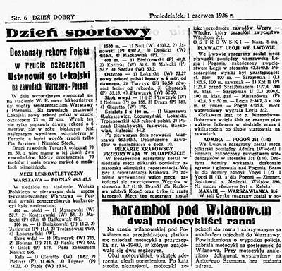 Artykuł w gazecie „Dzień Dobry”, 1.06.1936, nr 151, s. 6. Lokajski ustanowił wówczas rekord Polski w rzucie oszczepem. Jego wynik – 73,27 m – został pobity dopiero 17 lat później Ze zbiorów Biblioteki Narodowej (za: Polona)