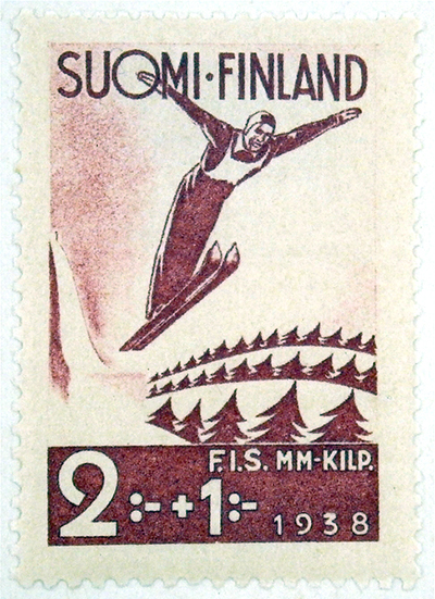 Znaczek upamiętniający mistrzostwa świata w Lahti w 1938 r. Ze zbiorów „La Col·lecció” Museu Gabinet Postal de Barcelona (za: Europeana)