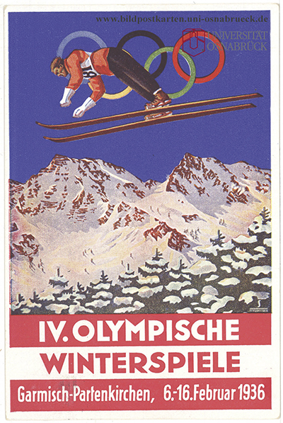 Plakat zimowych igrzysk olimpijskich w Garmisch–Partenkirchen w 1936 r. Ze zbiorów „Historische Bildpostkarten” Universität Osnabrück (za: Europeana)