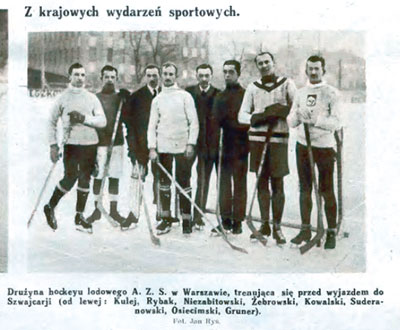 Zdjęcie drużyny hokejowej AZS Warszawa przed wyjazdem do Szwajcarii opublikowane w czasopiśmie „Światowid”, nr 2/1925. Źródło: Jagiellońska Biblioteka Cyfrowa