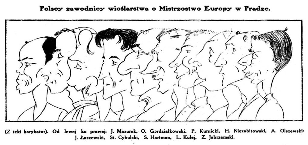 Polscy wioślarze, reprezentanci kraju na mistrzostwach w Pradze w 1925 r. w karykaturze opublikowanej w czasopiśmie „Wioślarz Polski”. Źródło: Biblioteka Narodowa
