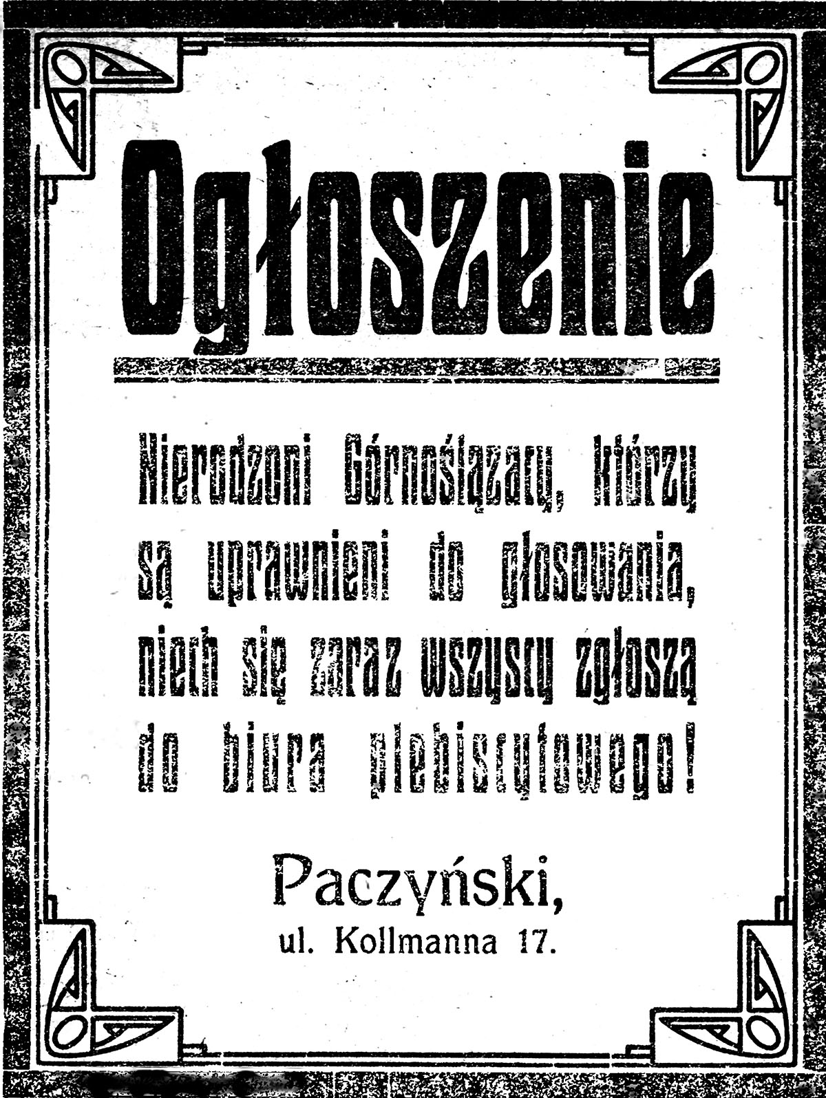 Ogłoszenie w „Bismarckhütter Zeitung” (nr 6/1921), 20 stycznia 1921 r. Źródło: Śląska Biblioteka Cyfrowa