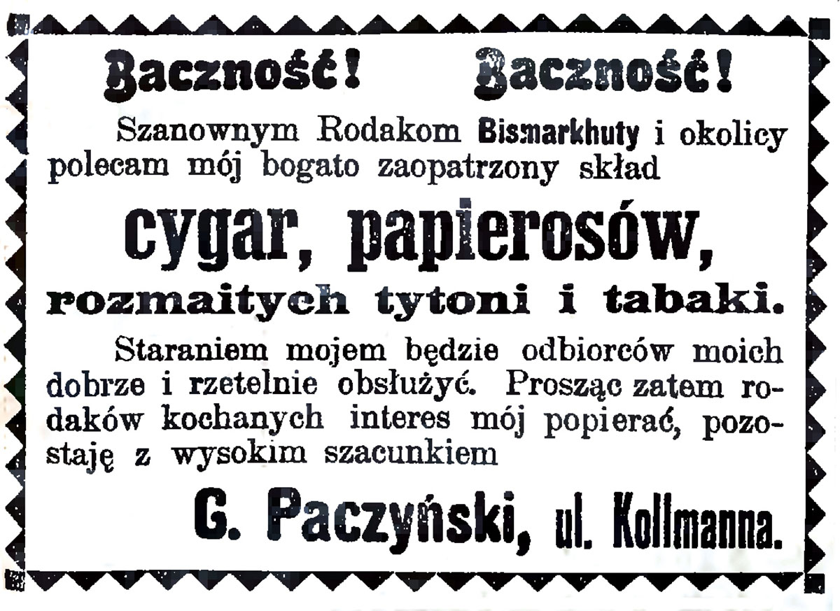 Reklama składu Teofila Paczyńskiego (w podpisie błąd w inicjale imienia: „G.” zamiast „T.”) opublikowana w piśmie „Katolik” (nr 65/1905). Źródło: Śląska Biblioteka Cyfrowa