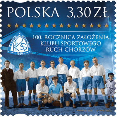 Znaczek pocztowy emisji „100. rocznica założenia klubu sportowego Ruch Chorzów” wydany w 2020 r. Źródło: Poczta Polska