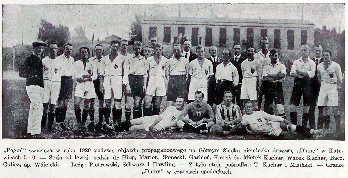 Piłkarze Pogoni Lwów i Diany Katowice, 1920 r. Źródło: Mazowiecka Biblioteka Cyfrowa