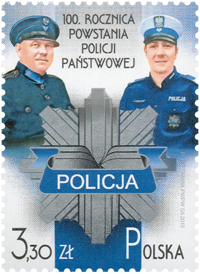 Znaczek pocztowy emisji „100. rocznica powstania Policji Państwowej” wydany w 2019 r. Źródło: Poczta Polska