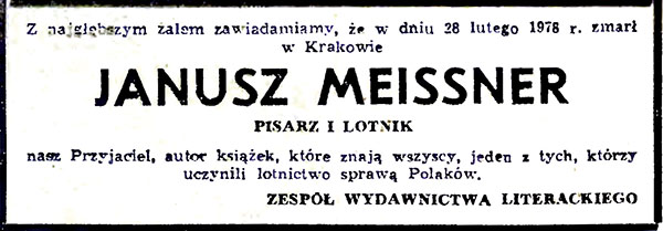Nekrolog opublikowany po śmierci Janusza Meissnera w „Dzienniku Polskim” (nr 49/1978). Źródło: Małopolska Biblioteka Cyfrowa