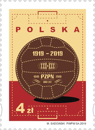 Znaczek pocztowy emisji „100 lat Polskiego Związku Piłki Nożnej” wydany w 2019 r. Źródło: Poczta Polska