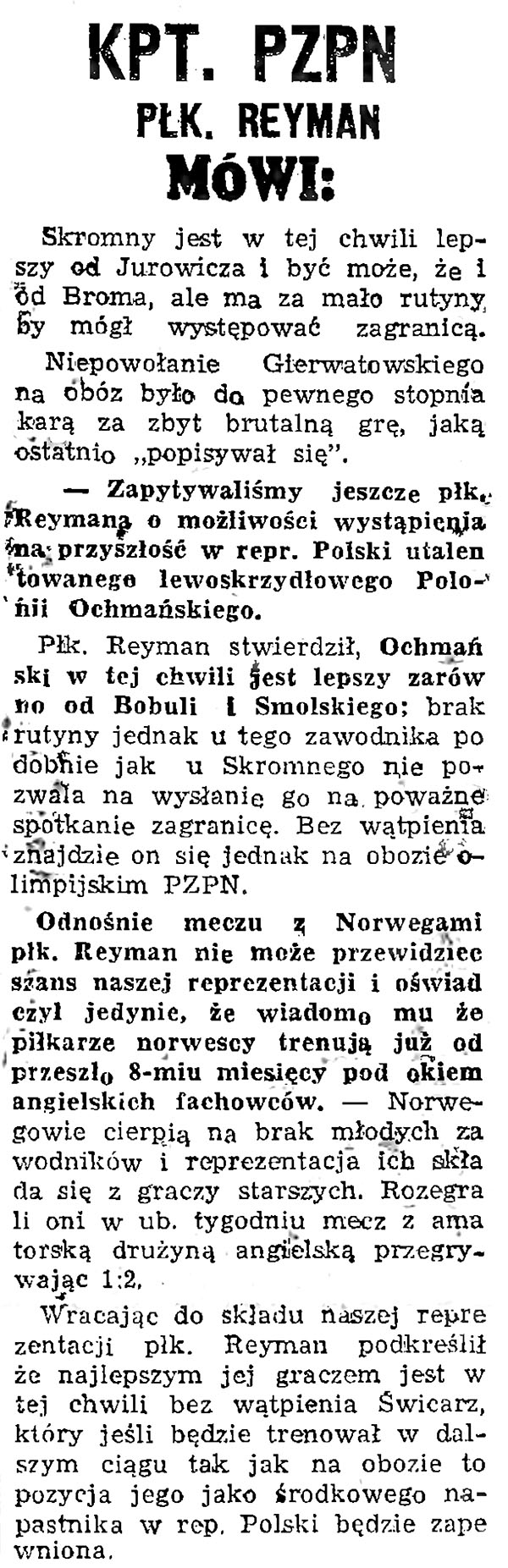 Wypowiedź kapitana PZPN, Henryka Reymana, na łamach „Sportu” (1947 r.). Źródło: Biblioteka Narodowa